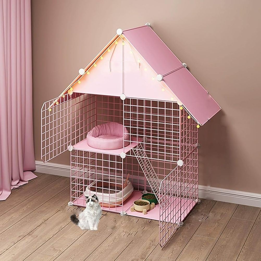 YYingYYue Cat Enclosure Indoor Metal Cat Cage Villa Multi-Door Design Small Animal Enclosure with Litter Box, Cat Bed, Assembly Tool And Other Accessories,75x39x109cm