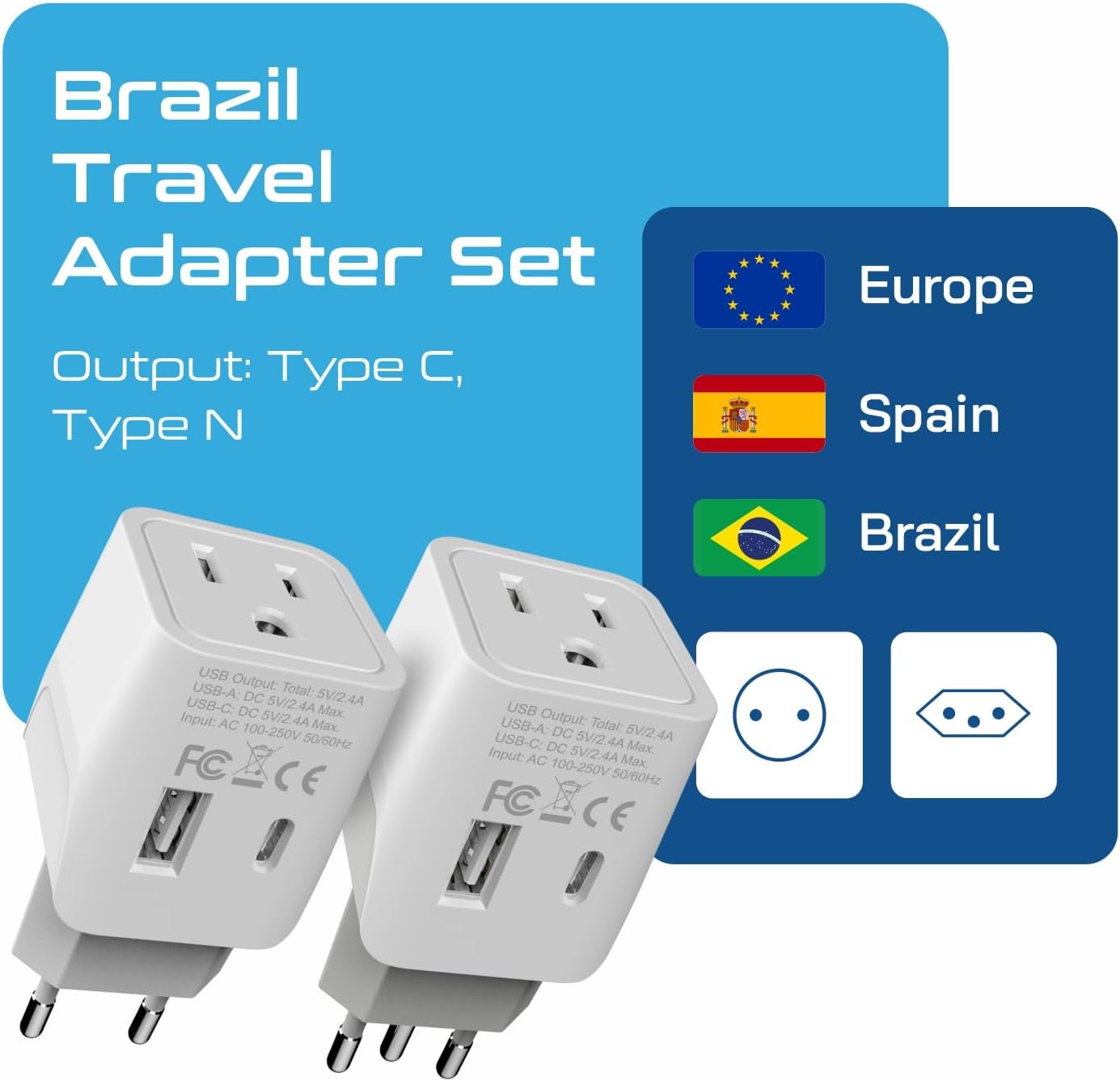 Ceptics Brazil Travel Plug Set - with USB-A + USB-C + USA Socket Input - Type C and Type N- Ultra Compact - Safe Grounded Perfect for Cell Phones, Laptops, Camera Chargers