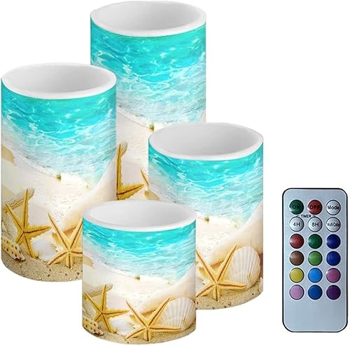 NETILGEN Velas de luz sin llama con estrellas de mar de playa, funciona con pilas con temporizador, control remoto, velas falsas de pilar de color,