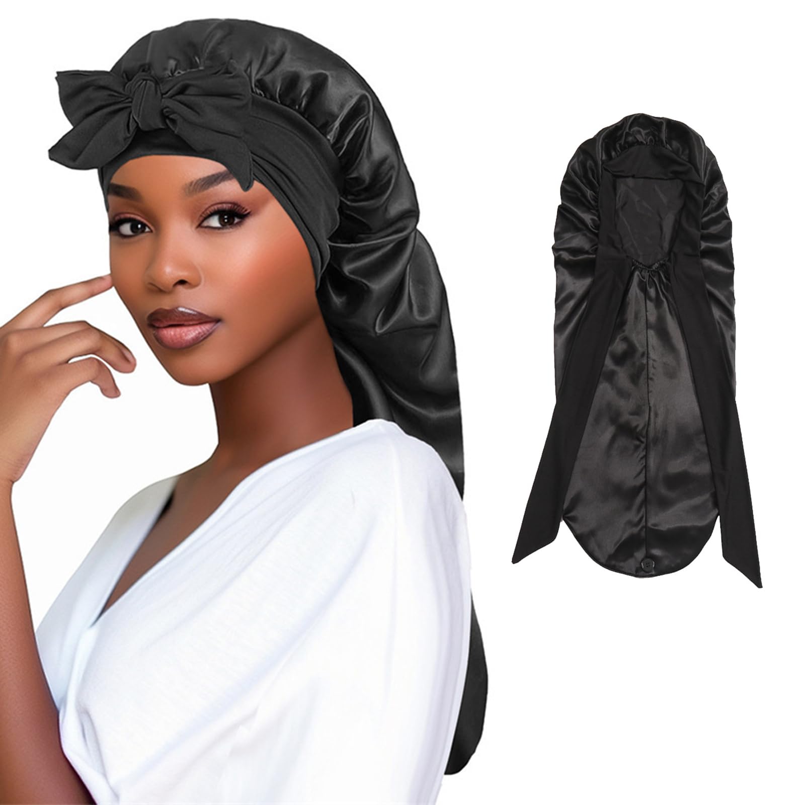 Mtbricey Satin Bonnet Extra Long Silk Sleep Bonnets for Women Adjustable Satin Night Sleeping Cap with Elastic Band Silk Hair Cap for Sleeping Hair Bonnet for Long Curly Hair Braid (Black