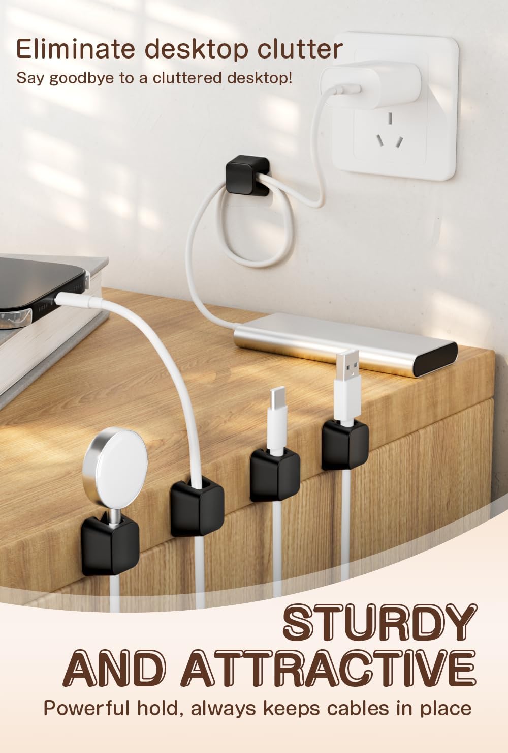 Maveek Magnetic Cord Clips, Cable Holder Magnet Silicone Cord Organizer Keyboard Keys Square Cable Management for Charging USB C Ethernet HDMI Home Office Car TV Cables (5 Pack, Black) - Image 7