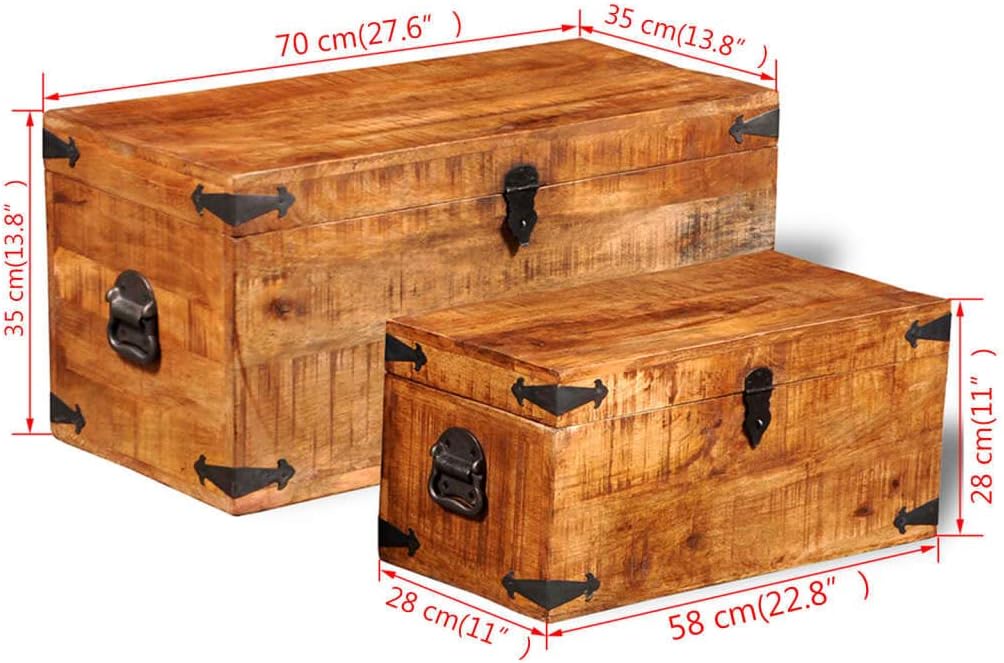 2pcs Wooden Storage Chest Set, Rough Mango Wood Storage Chest Rustic Wood Treasure Box, Sturdy Large Storage Trunk for Living Room, Bedroom