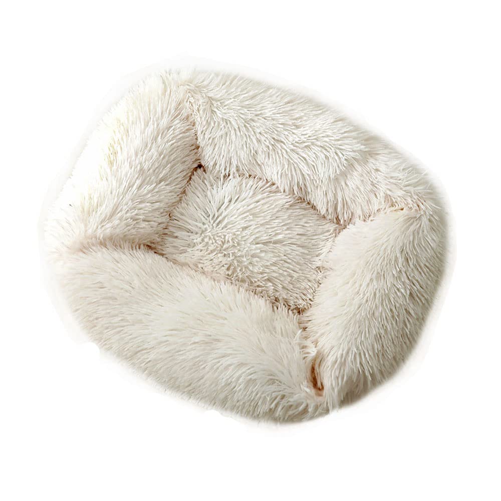 Chickwin Dog Cat Donut Bed, Fluffy Plush Puppy Kitten Cuddler Rectangle Bed, Warm and Soft Pet Cosy with Non-Slip Bottom and Washable (M(65X55X18CM),Beige)