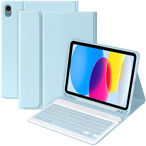 MMK Keyboard Case for iPad 11th Gen (A16, 2025) & 10th Generation (10.9", 2022), for iPad 11th 10th Generation Case with Keyboard, Wireless Detachable Bluetooth Key Board,Pencil Holder-Sky Blue - Blue