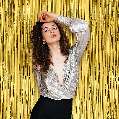 Image of Voircoloria 2 Pack Gold Foil Fringe Backdrop Curtains, Tinsel Streamers Birthday Party Decorations, Fringe Backdrop for Graduation, Baby Shower, Gender Reveal, Disco Party