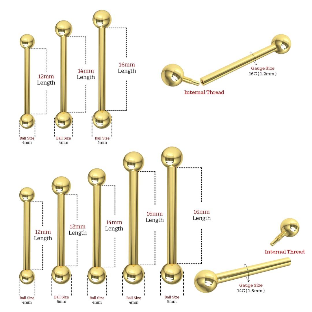 Zungenpiercing aus 14 Karat massivem Gold mit Kugelenden, gerader Barbell-Zungenring, sichere Schraubkugeln, oraler Piercing-Schmuck für den täglichen Gebrauch für Damen und Herren