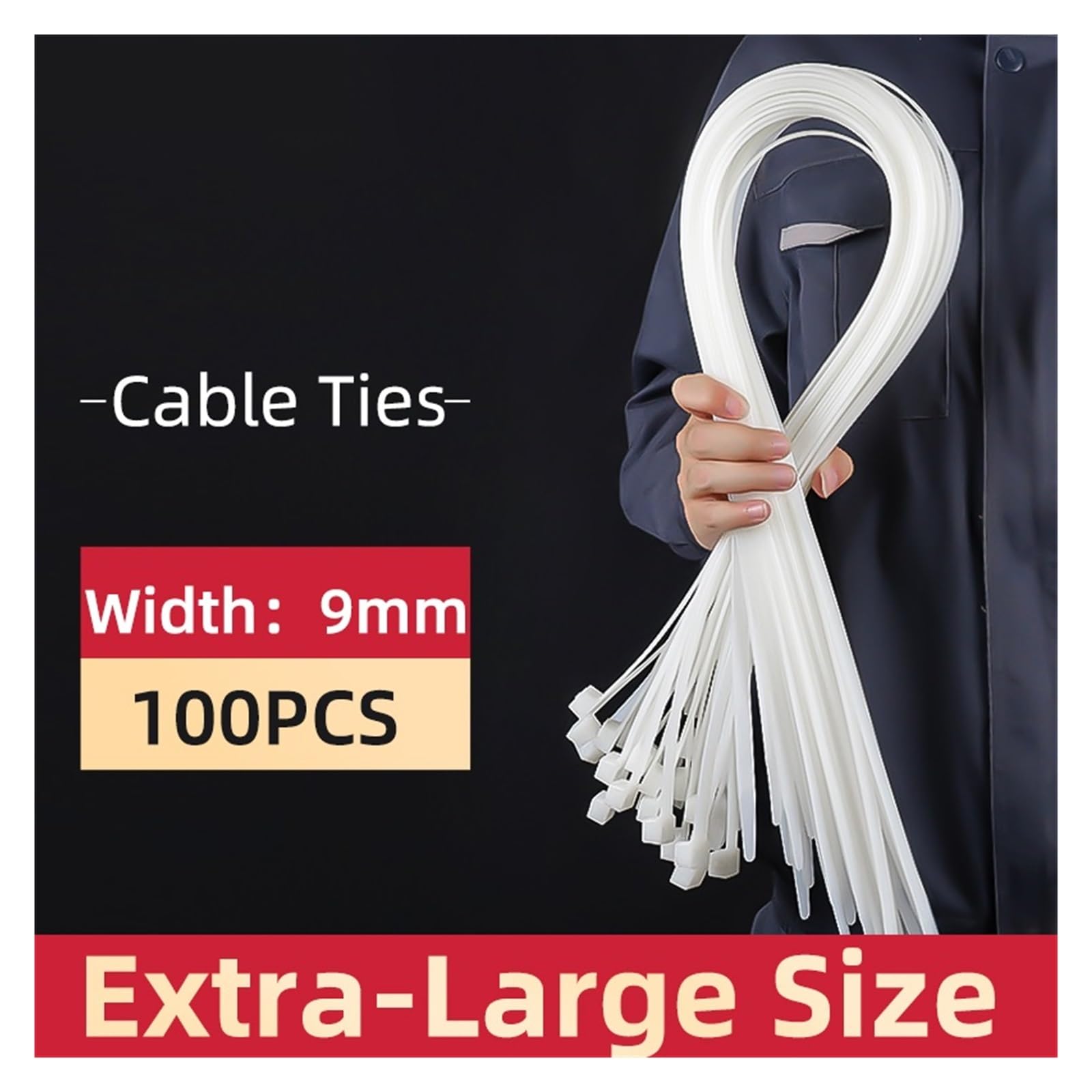 Bridas de nailon 100 Uds ancho 9MMx 400/500/600/1200 bridas for cables de nailon autoblocantes plástico extragrande engrosamiento resistente(10 Series Black,9x600mm 100pcs)