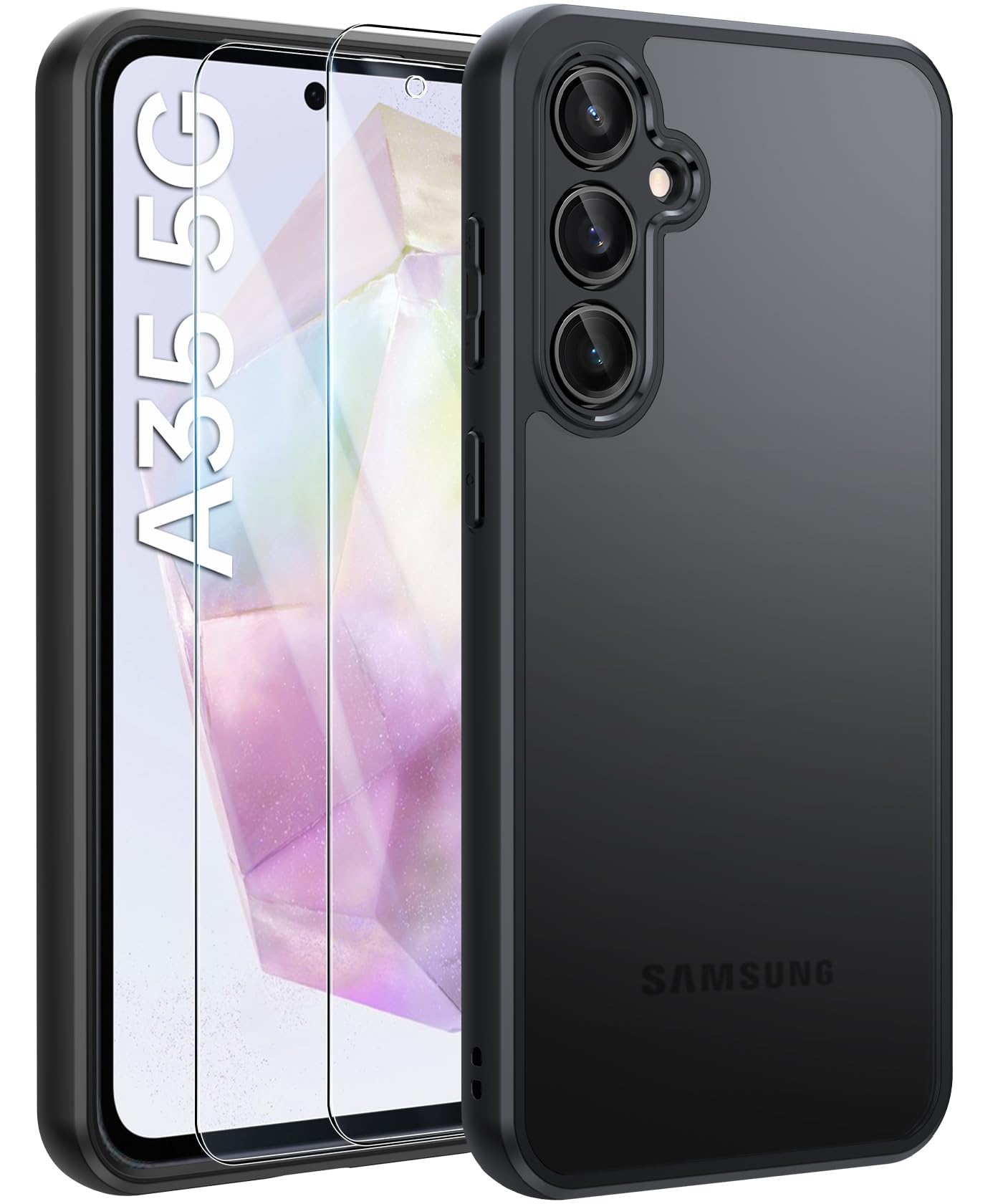 FLLAO Opaca Cover Compatibile con Samsung Galaxy A35 5G con 2 Vetro Temperato, [Della Fotocamera Protezione] Anticaduta Antiurto Anti-Graffio Anti-Impronte Hard PC Glassata Traslucida Custodia Nero