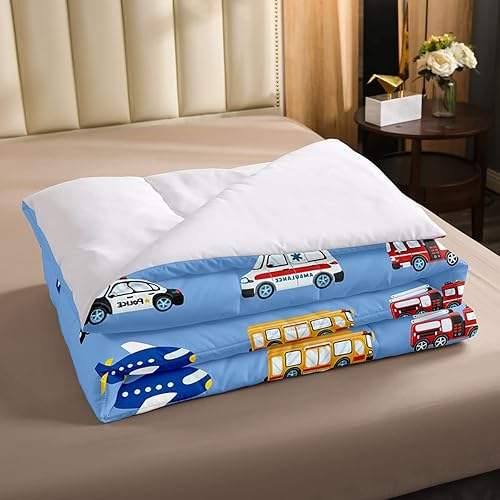 Miniatura 4 de Juego de edredón de dibujos animados para niños, edredón de plumón de coche de policía para niños, tamaño individual, avión, camión de bomberos,