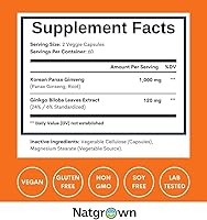 Vista 4 de Natgrown Panax - Suplemento de ginseng y ginkgo biloba, cápsulas de ginseng coreano rojo y ginko biloba para hombres y mujeres, apoya el enfoque