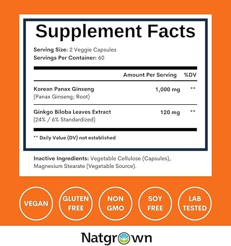 Miniatura 4 de Natgrown Panax - Suplemento de ginseng y ginkgo biloba, cápsulas de ginseng coreano rojo y ginko biloba para hombres y mujeres, apoya el enfoque