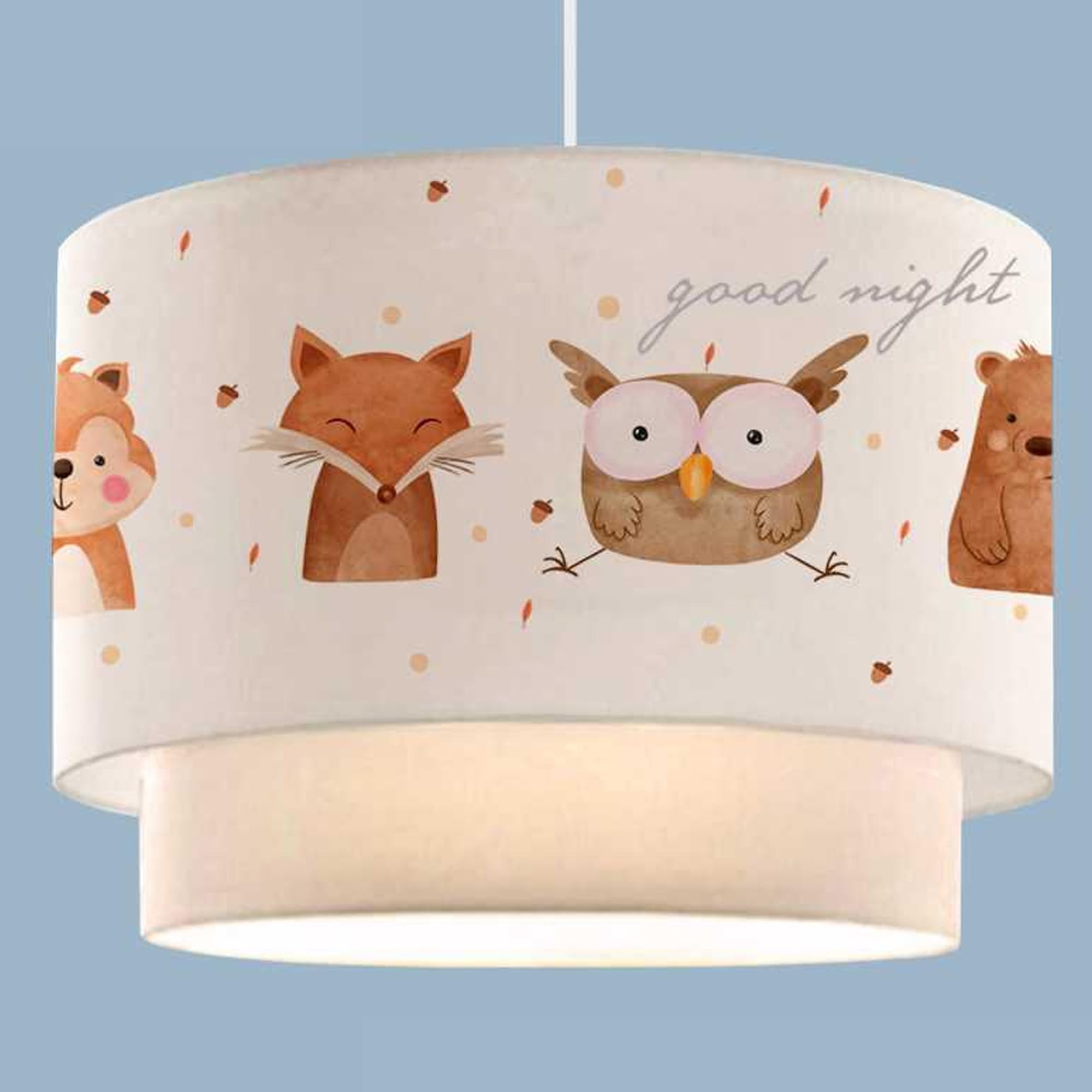 lux.pro Lampada a Sospensione per Cameretta Lampadario per Bambini Lampada da Soffitto con Doppio Paralume Cilindrico Decorato con Animali della Foresta - Bianco