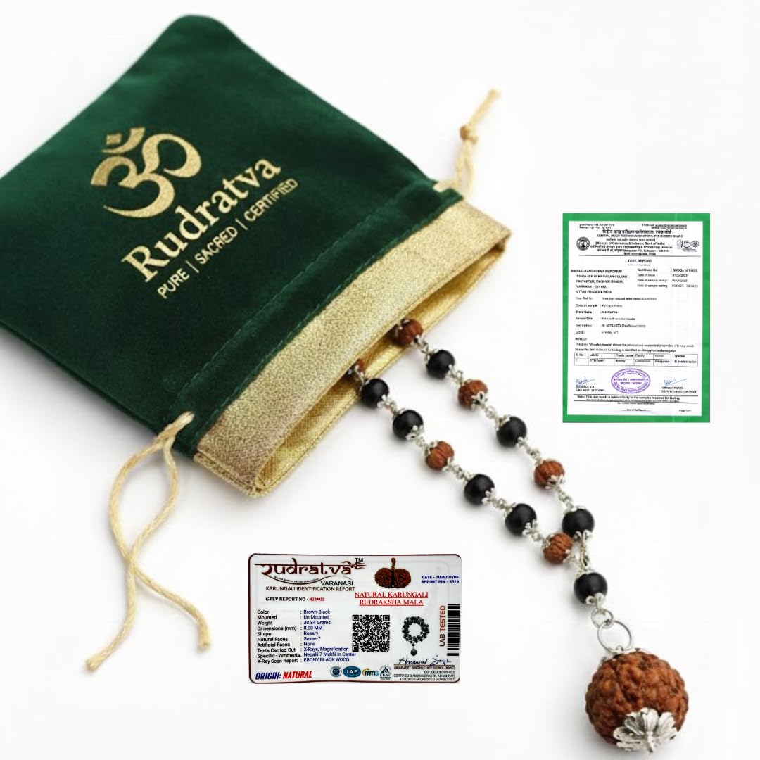 Rudratva Original Karungali & Rudraksha Mala | 54 Beads with 7 Mukhi Powerful Rudraksha Pendant | Govt. Lab Certified | Silver Capped Natural Energy Mala for Positivity, Protection & Spiritual Growth