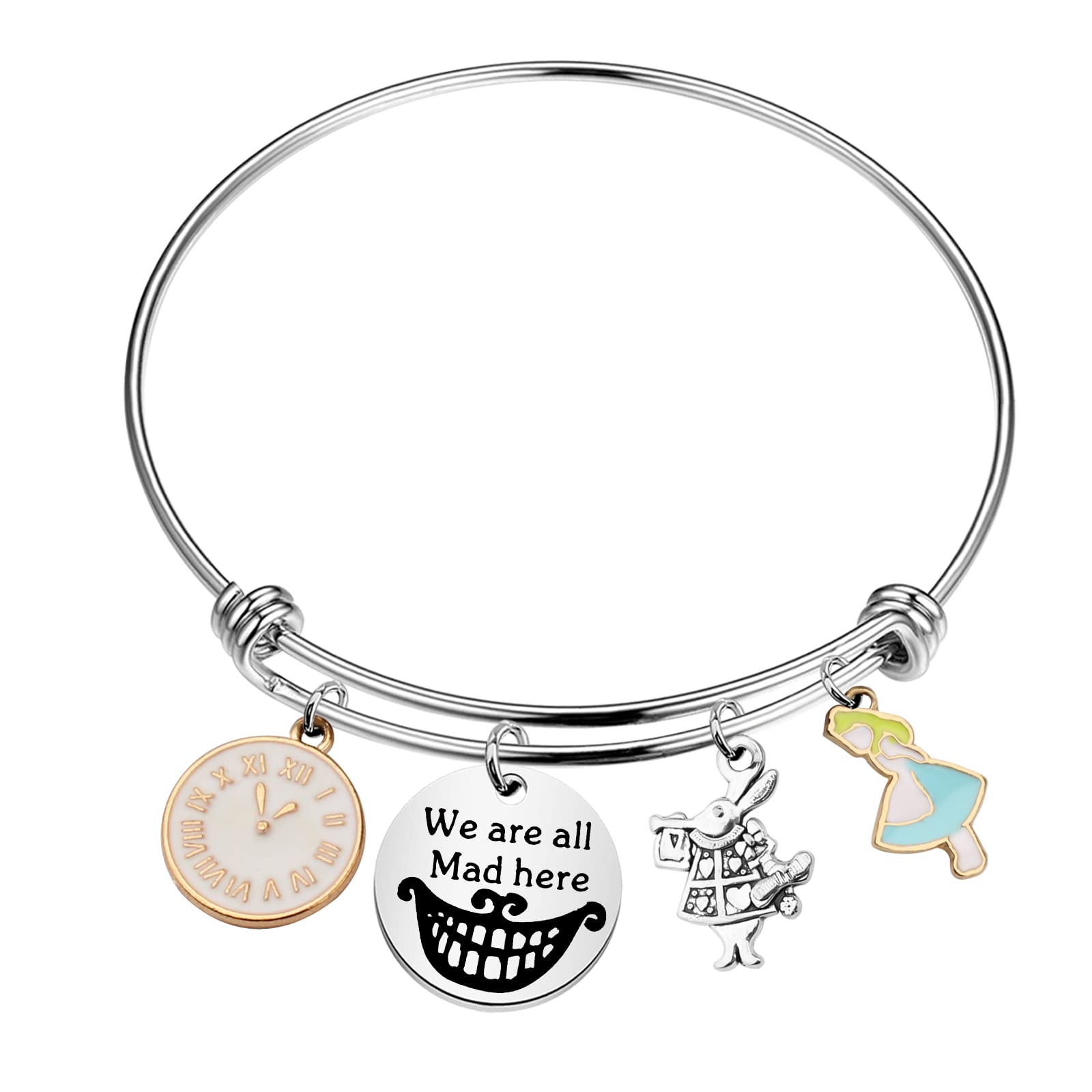 BNQL Alices Bracelet à breloques réglable inspiré du Chapelier fou, 2.5 inches, Acier inoxydable
