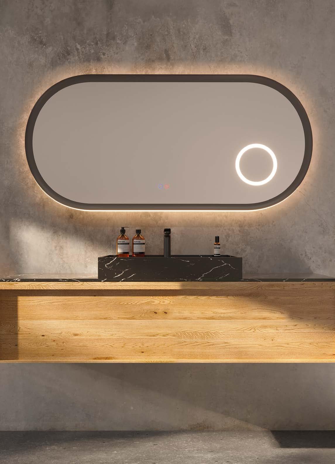 Mice - Espejo Elíptico - Aumento x3 con Luz LED - Doble Iluminación Sensor On/Off, Antivaho, 3 Tonos LED - Espejo para Vestidor - Centro Estetica - Baño Marco Aluminio Negro Mate 100x55cm