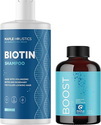 Champú de biotina vegano sin sulfato y aceite para el crecimiento del cabello, para cabello seco y dañado con aceites de ricino negro y romero