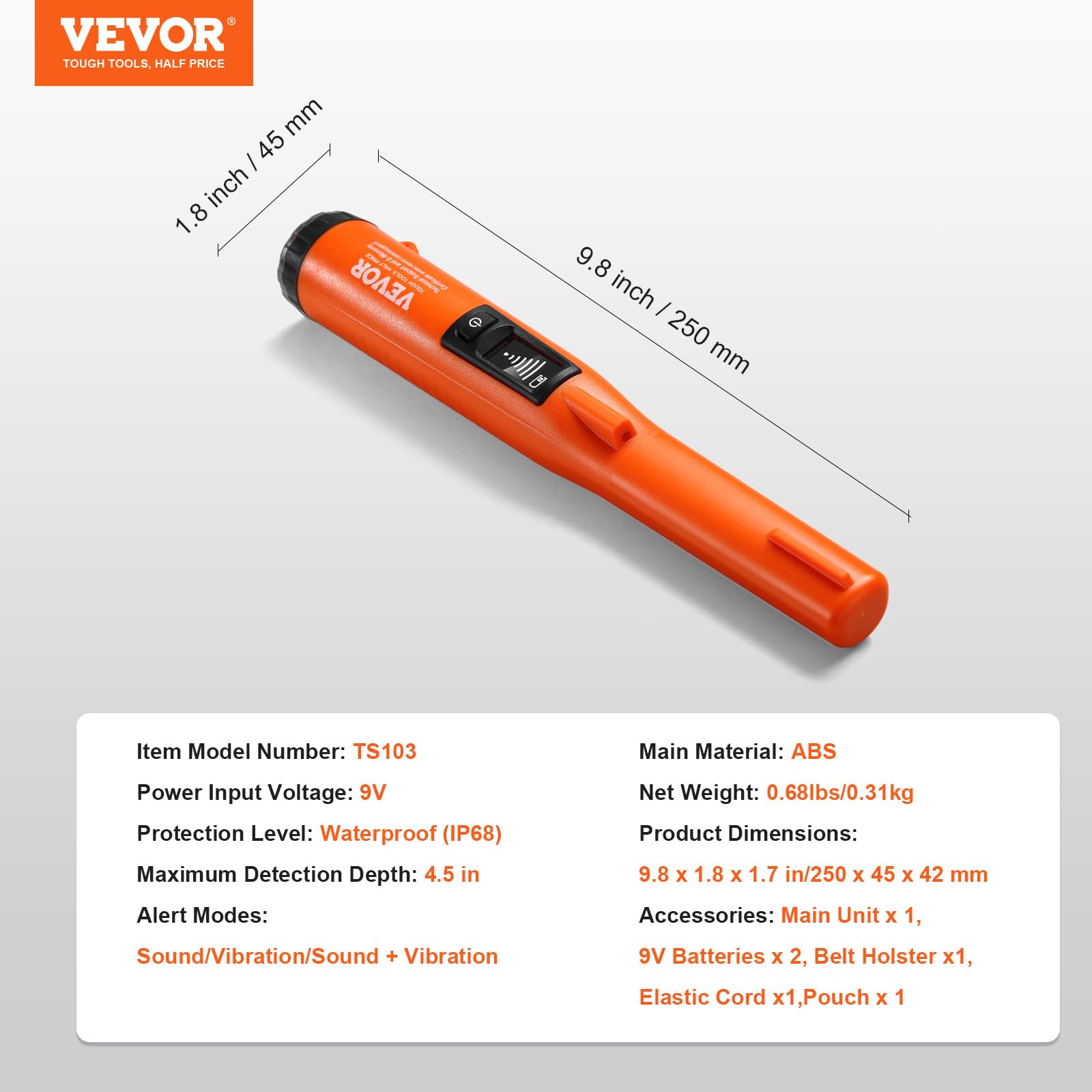 VEVOR Détecteur de Métaux Pinpointer IP68 Entièrement Étanche Pointeur de Métaux Portable Profondeur Détection 114 mm 3 Modes Écran LCD Sonde Chasse au Trésor avec Étui Piles 9 V pour Adultes Enfants