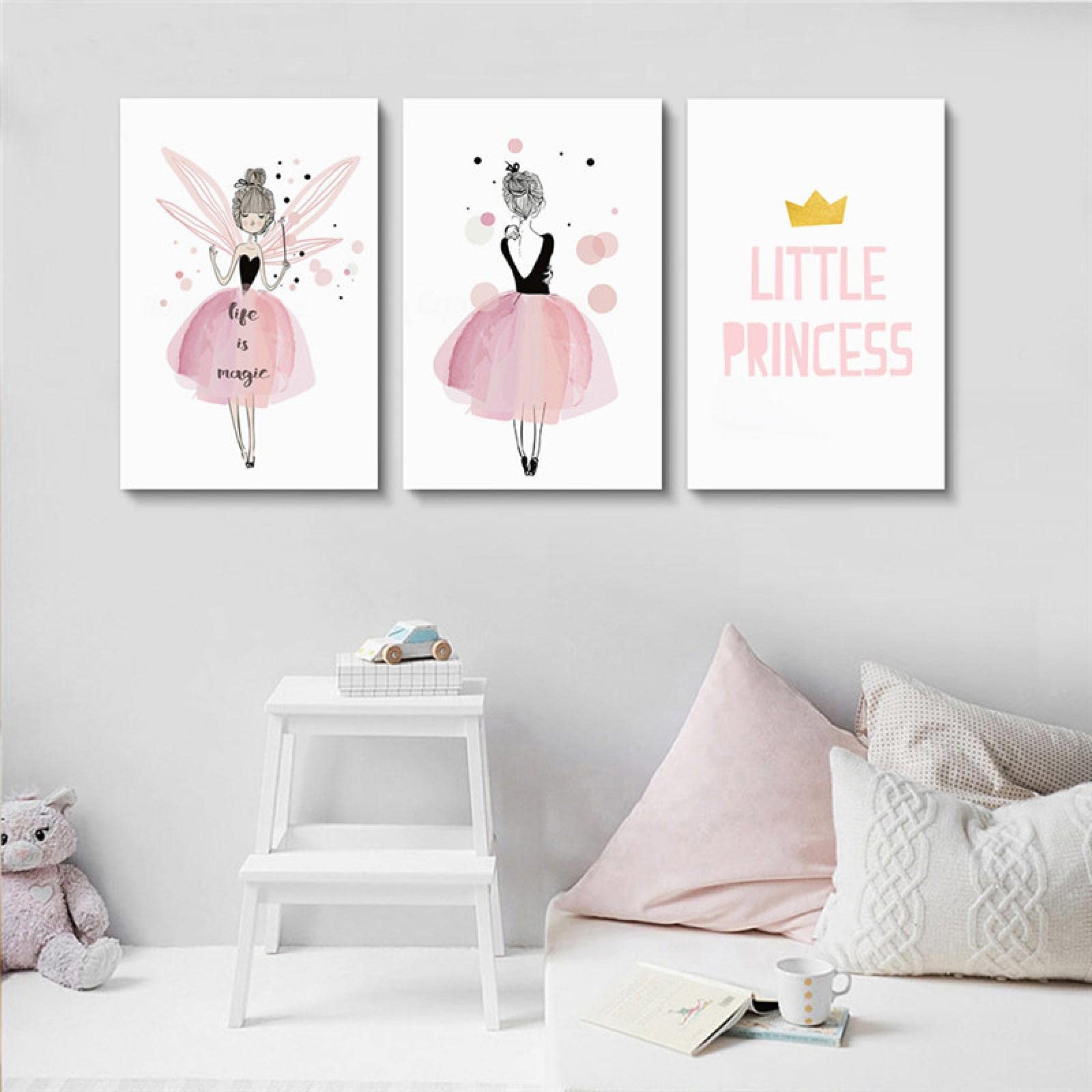 Cuadro de decoración de dormitorio de niña pequeña princesa con estampado de cartel de arte de pared de guardería rosa, cuadro de lienzo para habitación de niños, 43x65cm (17x26in) x3