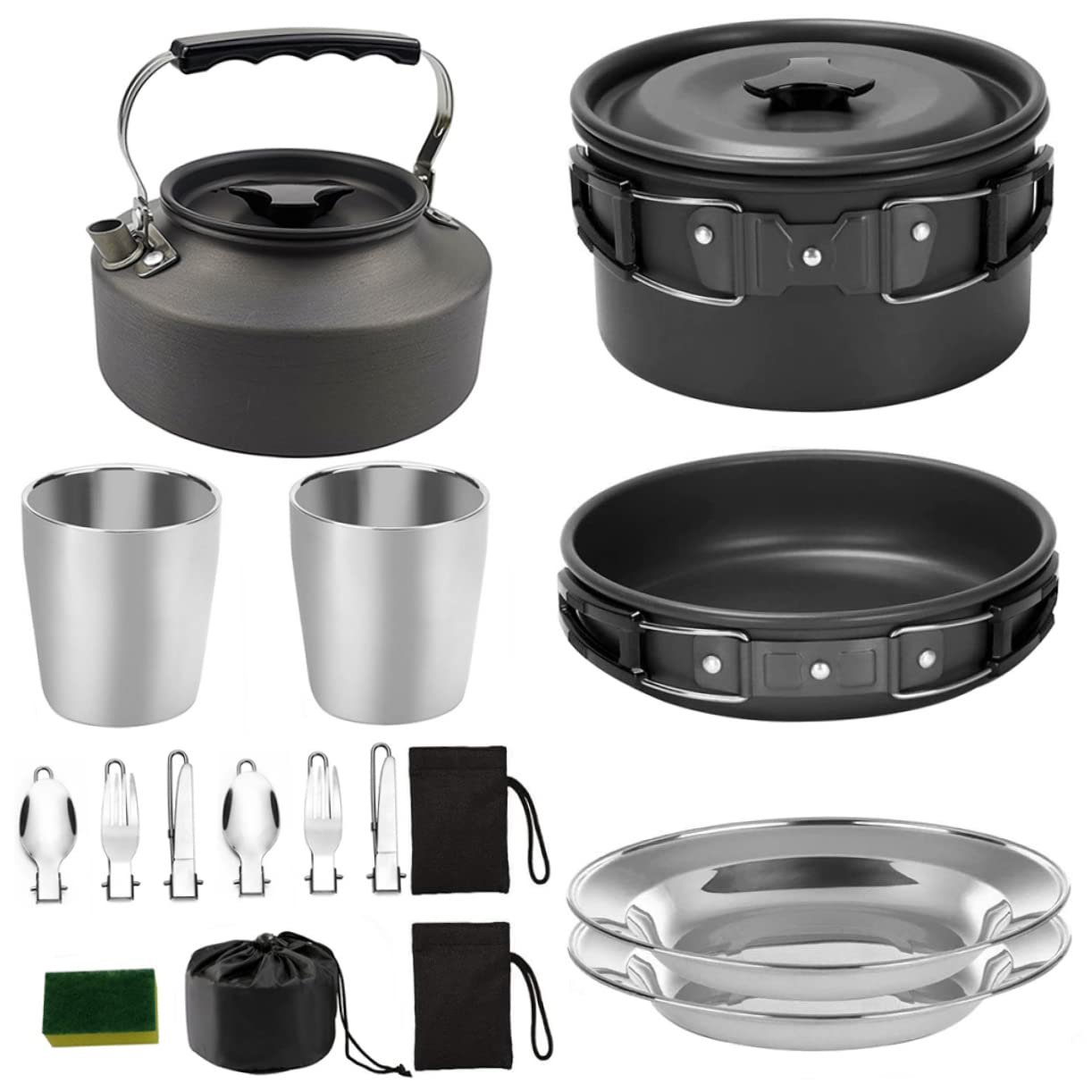 HOLIDYOYO 1Set Portable Camping Cookware for People Lightweight Outdoor Cooking Pot and Non Stick Frying Pan Anodized Picnic Tableware Black