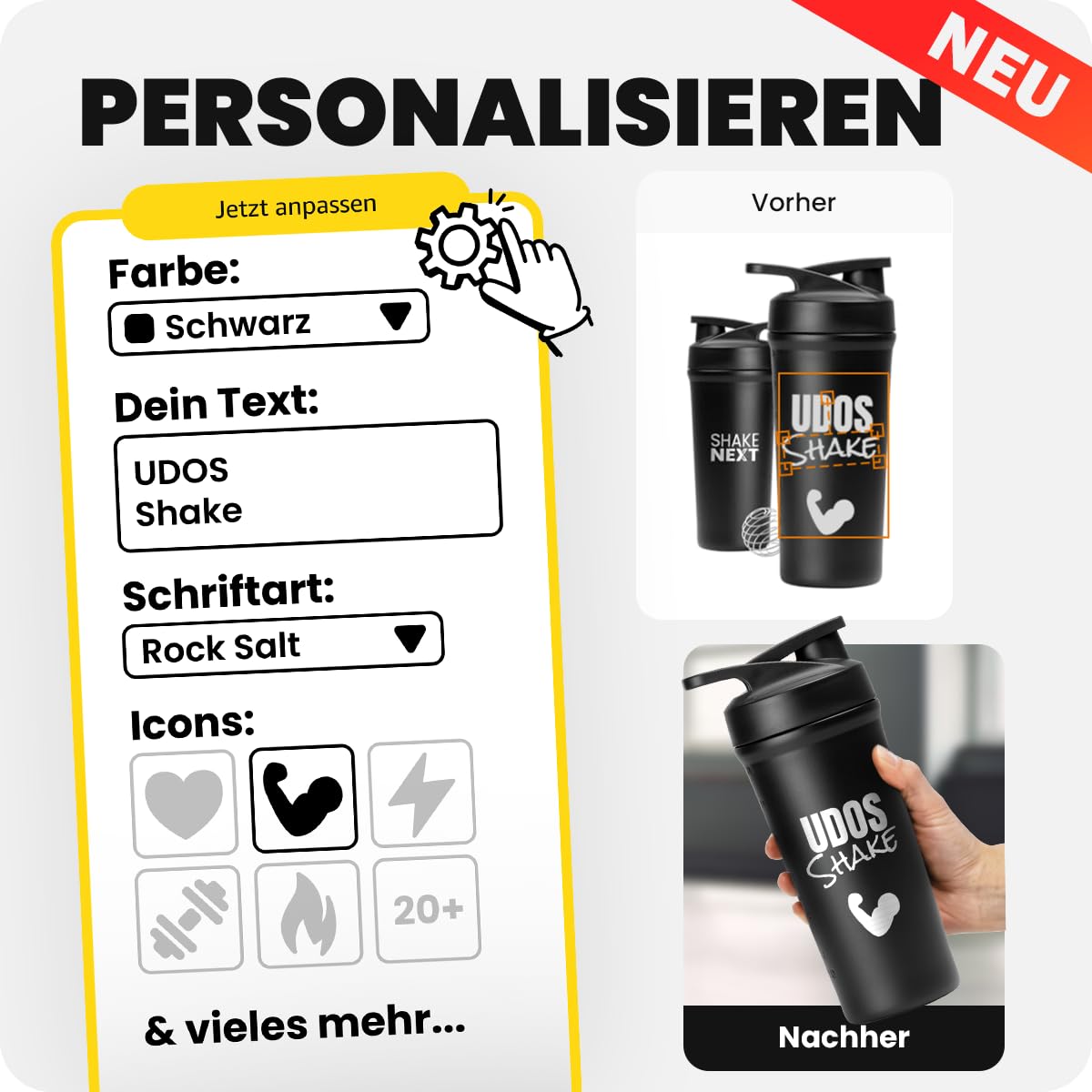 Edelstahl Shaker [NEUEINFÜHRUNG] - Trinkflasche mit Mixball 700ml, Fitness & Protein Shaker mit auslaufsicherem Druckverschluss, patentiertes Design (Schwarz)