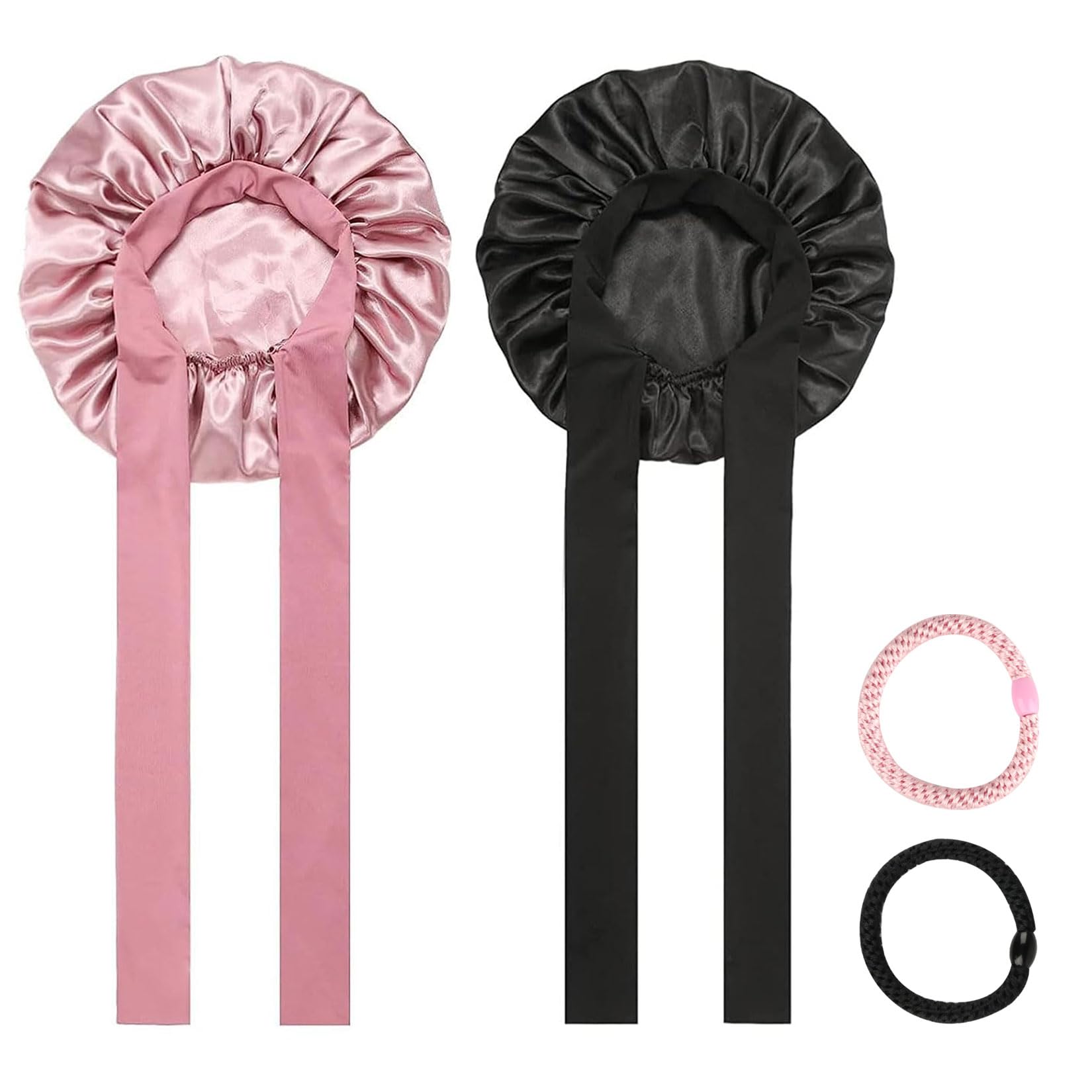 2 Stück Seidenhaube Zum Schlafen, Satin Haarhaube für die Nacht Seiden Haube, Haarhaube zum Schlafen, Satin Bonnet Seide, Haar Schlafhaube Haare Schützen Lange Kurze Lockige Haare, mit 2 Haargummis