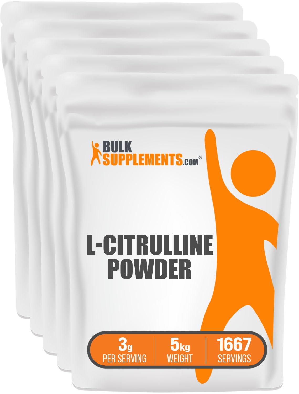 BulkSupplementscom L-Citrulline Powder - Citrulline Supplement, Nitric Oxide Supplement - Unflavored & Gluten Free - 3g per Servings, 1kg (Pack of 5) (11 lbs)