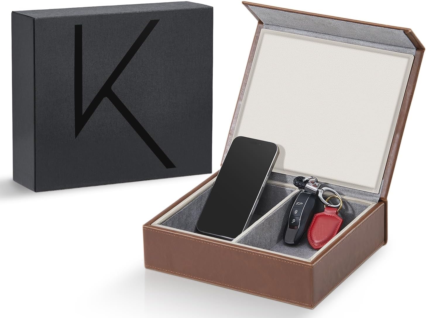 KK7 PLUS-BR Faraday Key Fob Protector Box with 2 Slots, RFID Signal Blocking Shielding Box for Car Keys, Anti-Theft Vintage Faraday Cage with High-Grade Protein Leather, Brown - Size: XL