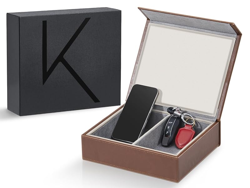 Caixa Faraday para Chaves de Carro KENARK KK7 PLUS com Bloqueio de Sinais, 2 Compartimentos, Marrom e Cinza