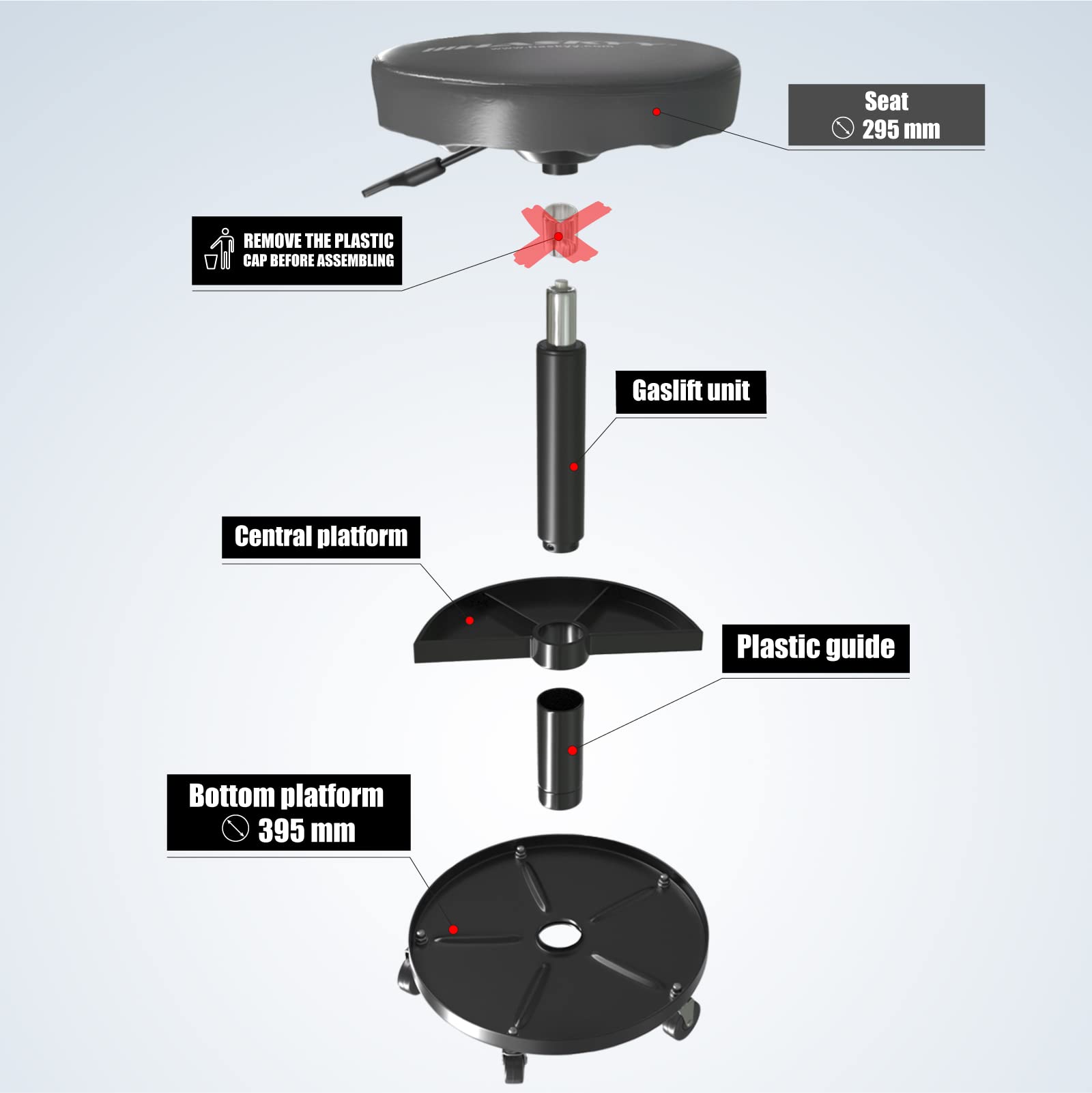 HASKYY Werkstatthocker Rollhocker | Höhe 430-580mm I Sitz Geleinlage | Werkstatt-Arbeits-Hocker-Stuhl-Sitz I 135kg | ø40 cm | 2 Ablagen I Grau