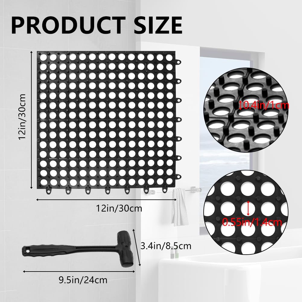 30 Pack Drainage Interlocking Tiles, 12"x12" Modular Interlocking Floor Tiles with 1 Pc Plastic Hammer Non Slip Rubber Floor mat with Holes for Pool Bathroom Deck Kitchen Patio (30, Black) — Amazon image 2