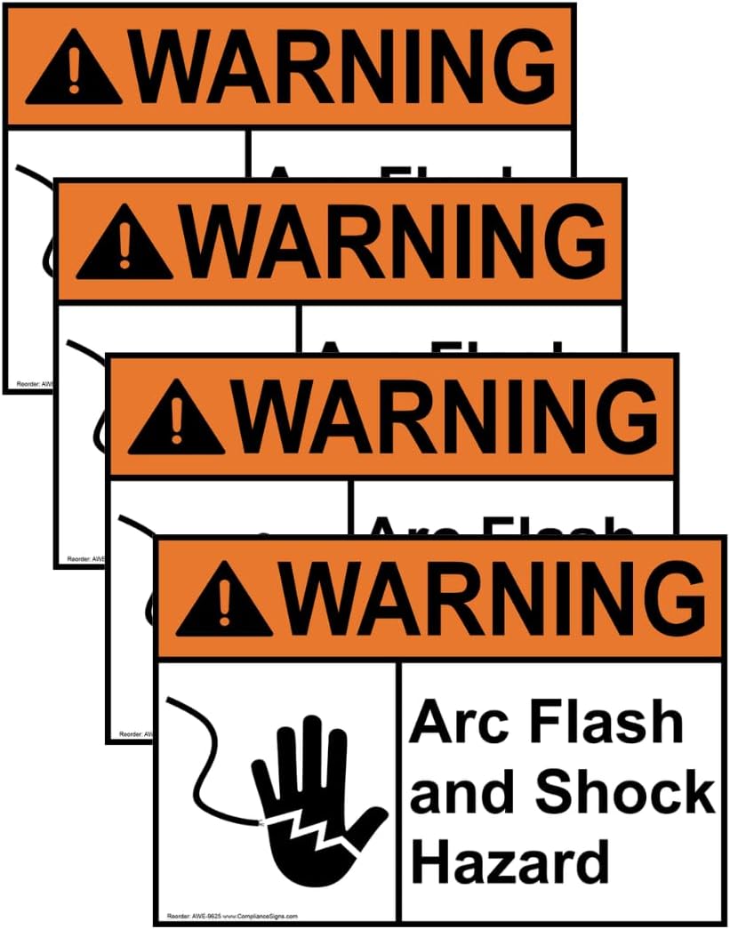 ComplianceSigns.com Warning Arc Flash and Shock Hazard ANSI Safety Label Decal, 5x3.5 inch 4-Pack Vinyl for Electrical