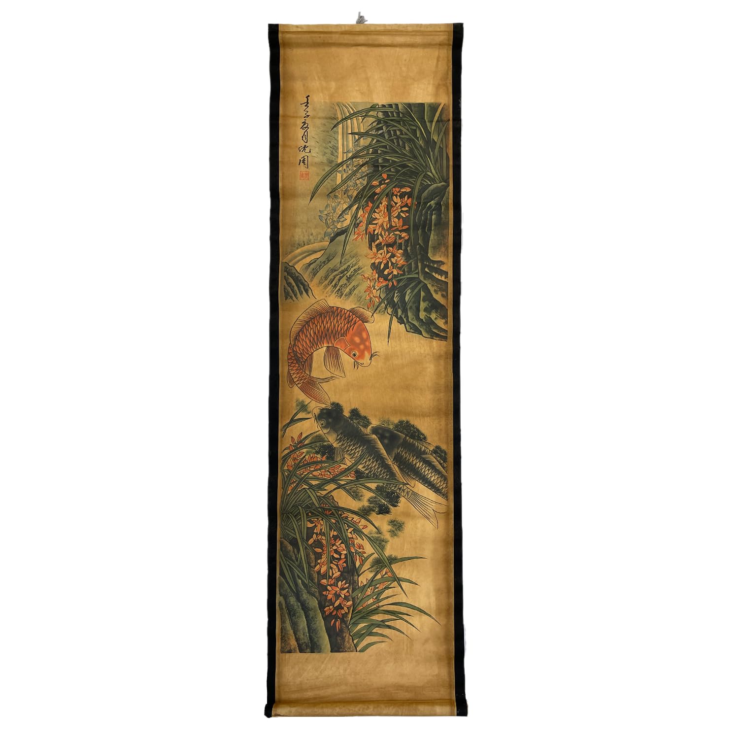 Wall Art Poster Prints Paintings, Hanging Paper Scroll Decor Asia Vintage Aesthetic,for Office Restaurant Orchid Spring Koi Fish(D)