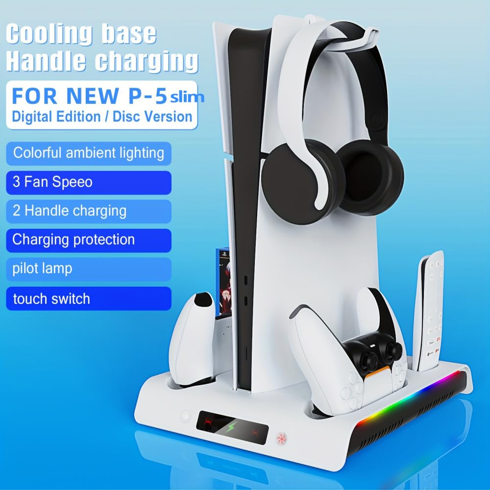 Genérico RGB wentylator stojący konsola do PS5 Slim, zestaw chłodzący stojący podwójny kontroler ładowania stacji uchwyt słuchawkowy do konsoli slim P5