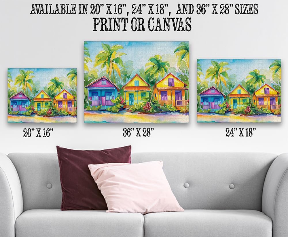 Tropical Trio Watercolor Beach House Painting 18x24 Canvas Poster - Coastal Island Paradise Palm Trees Colorful Vibrant Summer Vacation Home Beach Scene Oceanfront Seaside Living Room Bathroom Décor