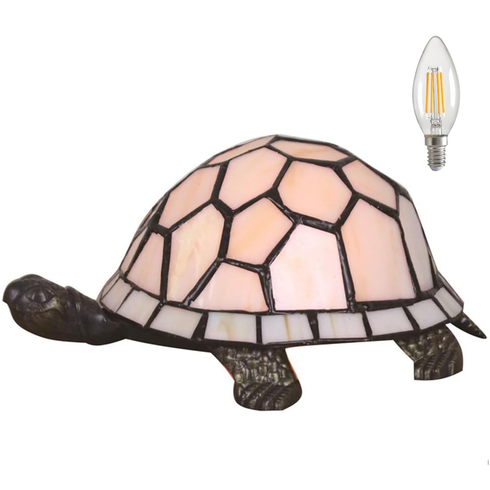 kleine Tischlampe,Tiffany-Stil Schildkröte Buntglas Lampenschirm Tischleuchte,vintage nachttischlampe,Schlafzimmer, Wohnzimmer kinderzimmer Art Deco lampe mit LED E14 Birne(cremefarben)