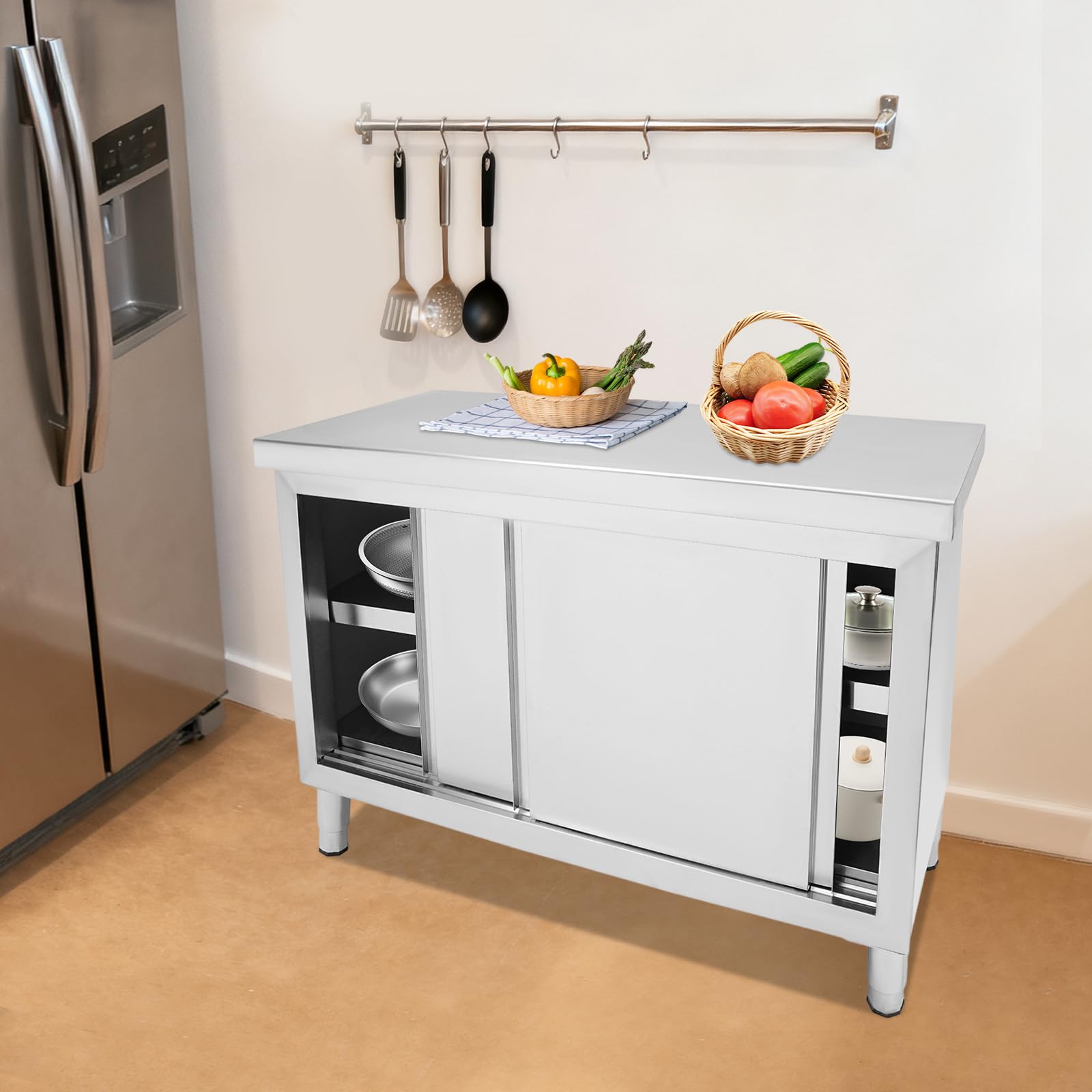 Komercyjny stół roboczy ze stali nierdzewnej z drzwiami przesuwnymi, 120 x 50 cm, wytrzymała szafka kuchenna do gastronomii, przemysłu i warsztatu, wszechstronny stół do przygotowania i