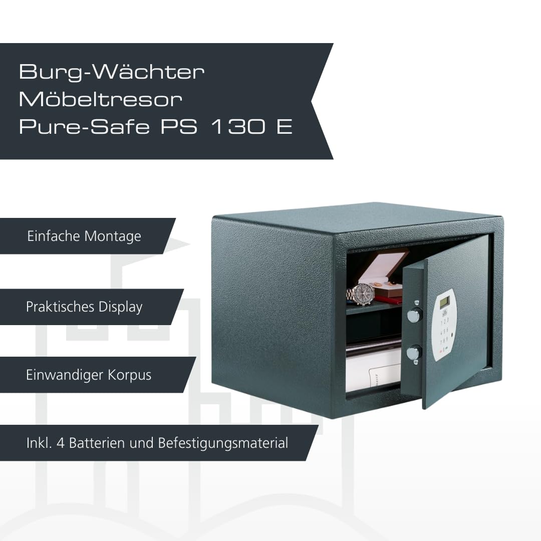 BURG-WÄCHTER Möbeltresor mit elektronischem Zahlenschloss, Inkl. Fachboden Zur Wand- und Bodenbefestigung, 40,3 l, 19,2 kg, Pure-Safe PS 130 E, anthrazit