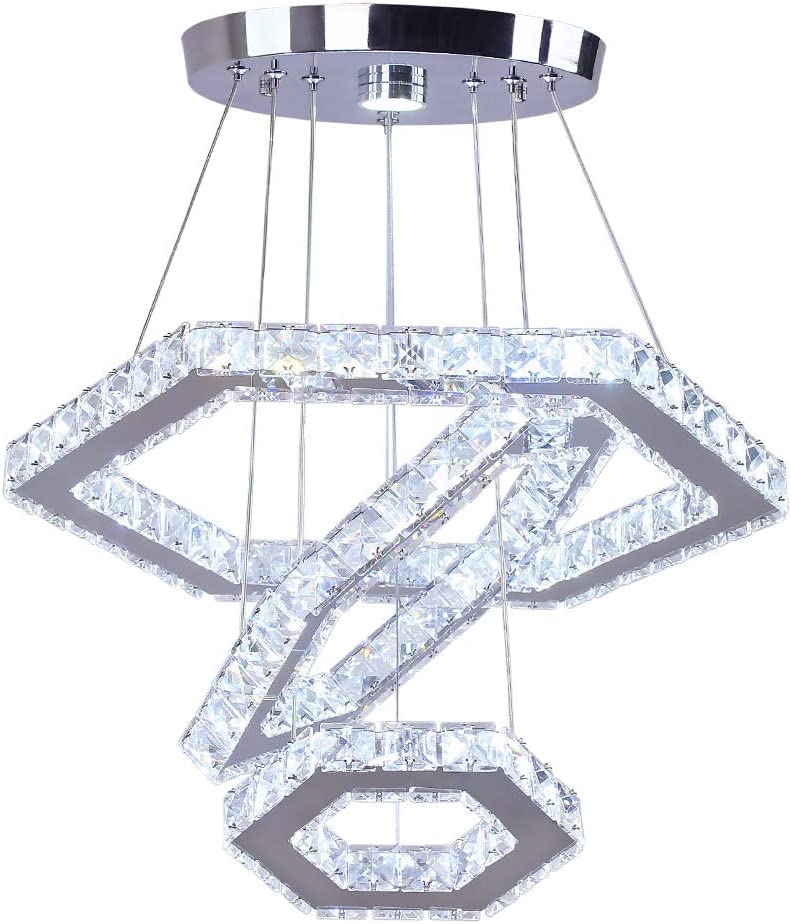 xychfantligh Modern Crystal Chandeliers Big 3 Rings LED Ceiling Light Adjustable Stainless Steel Pendant Light for Bedroom Living Room Dining Room (6500K Cool White)