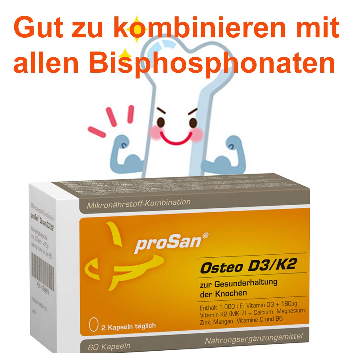 proSan Osteo D3/K2 (Monatspackung: 60 Kapseln) | Vitamin D3 + K2, Calcium + Magnesium, Erhaltung normaler Knochen, Kombinierbar mit Osteoporose-Medikamenten