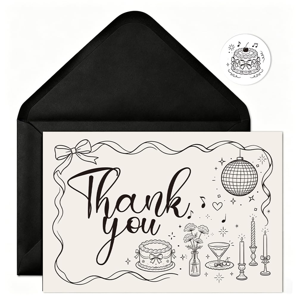 PRESSINART 30Pcs 4 x 6 Inch Wedding Cake Thank You Card with Envelopes and Stickers Black Bow Note Cards Disco Ball Flower Coated Paper Notecards for Bridal Shower Wedding Party Invitation Supplies