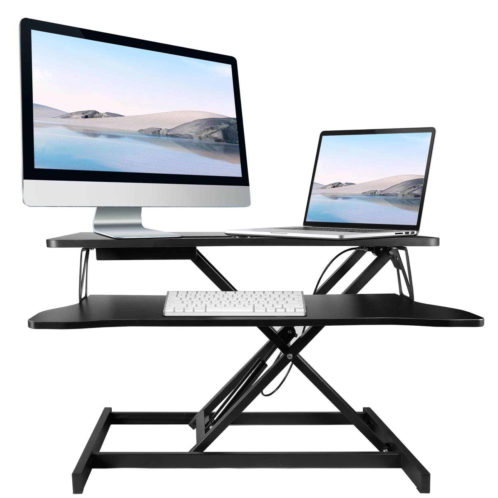 Height-Adjustable Standing Desk Converter – 81cm Wide Tabletop Workstation for Dual Monitors with Spacious Keyboard Tray (Black)