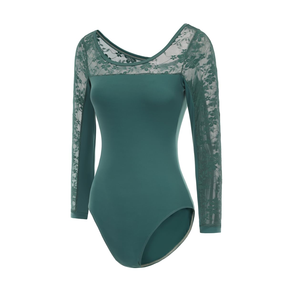 Modlatbal Women's Dark Green Lace Long Sleeve Lace Leotards For Ballet Dance Gymnastics Bodysuit