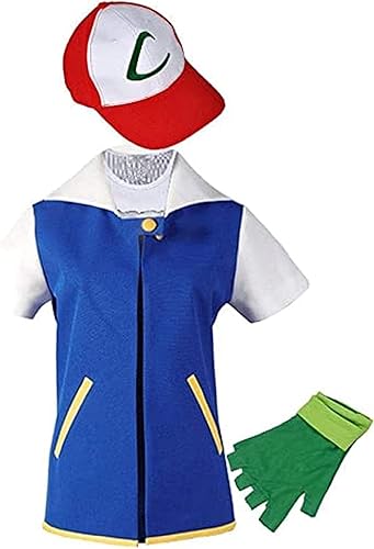 Conjunto de disfraz de Ash Ketchum para niños y adultos, juego de chamarra, sombrero y guantes, suéter para entrenar, con capucha