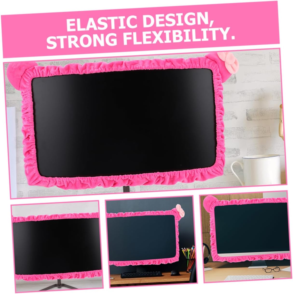 2pcs Elastic Cartoon Monitor Cover for Pc Dustproof Computer Display Protector Fits Monitors Cute Cat Ear Design Red High Elasticity No Odor
