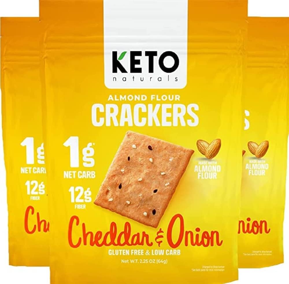 – Keto Crackers (Cheddar & Onion), Low carb Crackers, Keto Snacks, Low carb. No Added Sugar, high Fibre & Gluten Free, Almond Flour (3 x 64g Packs).