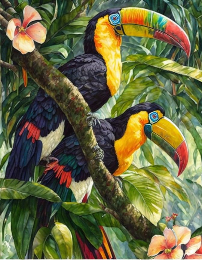 Toucans sur une branche affiche jungle colorée pour salon moderne en toile 58x90cm