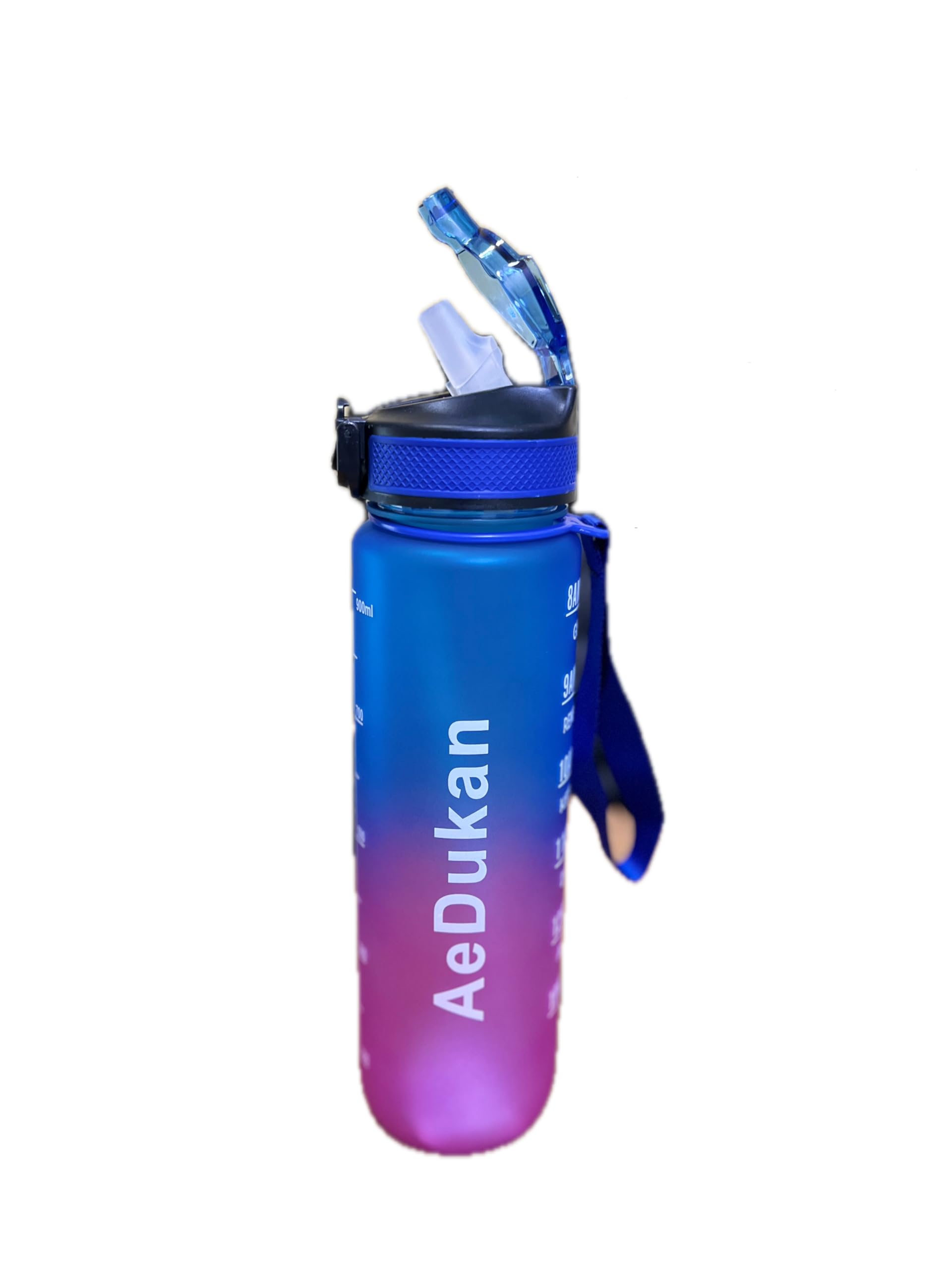 Sport Water Bottle 1L / 32oz with Motivational Time Marker Straw Strainer Tritan Plastic BPA Free Bottles for kids Fitness Gym Office Outdoor School Sports and Exercise Leak Proof (Blue & Purple)