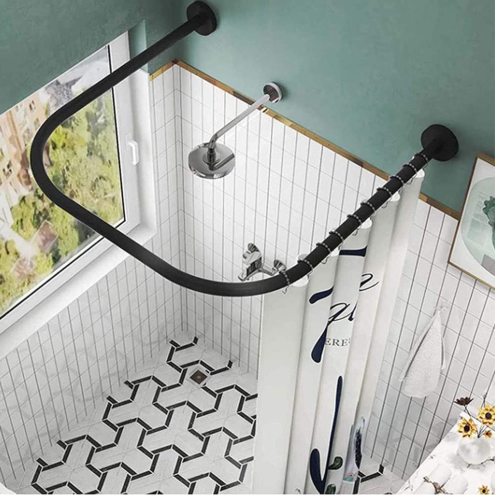 Barra angular para cortina de ducha extensible ajustable en forma de U – Barra redondeada de acero inoxidable curvada ajustable sin taladrar, negro, 80 × 80 × 80 cm
