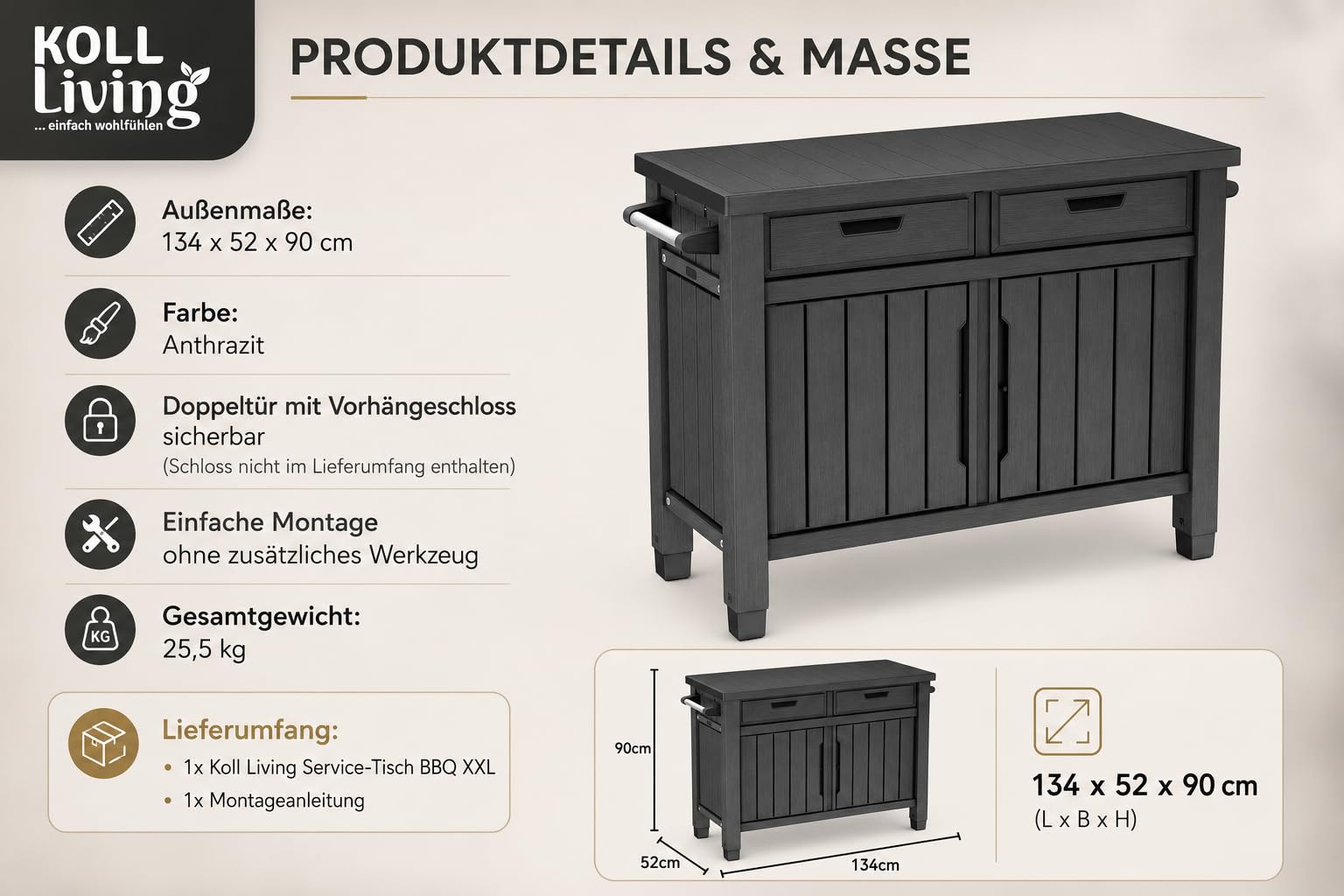 Koll Living Tavolino/tavolino XXL – Tavolo da servizio multifunzionale con ampio spazio – resistente alle intemperie – effetto legno