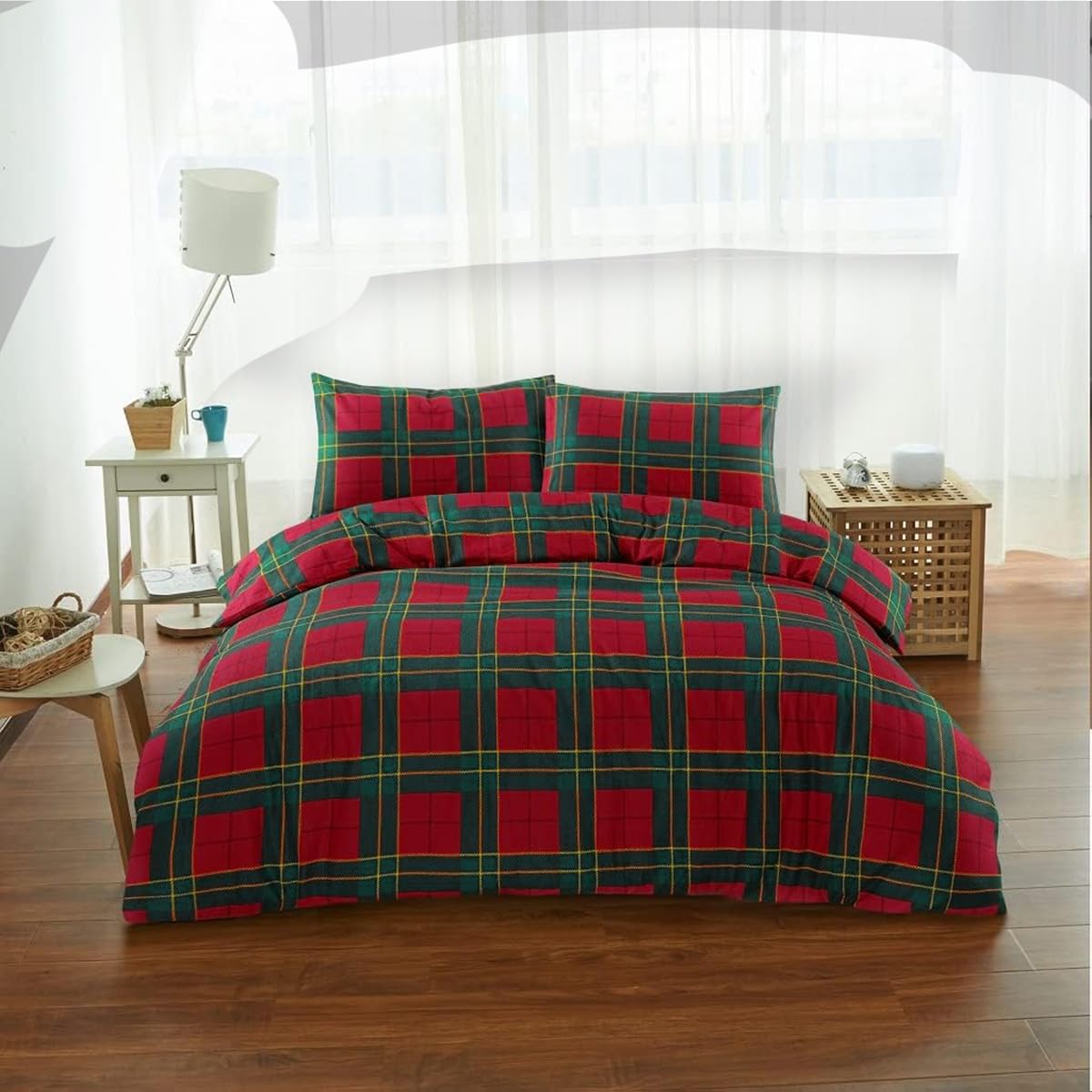 Rohi Luxury Thermal Tartan Check Single Duvet Cover Set with Pillow Case | 1x Single Bed Duvet Cover 137 x 200cm | 1x Tartan Check Pillow Cover 50 x 75cm (Red)